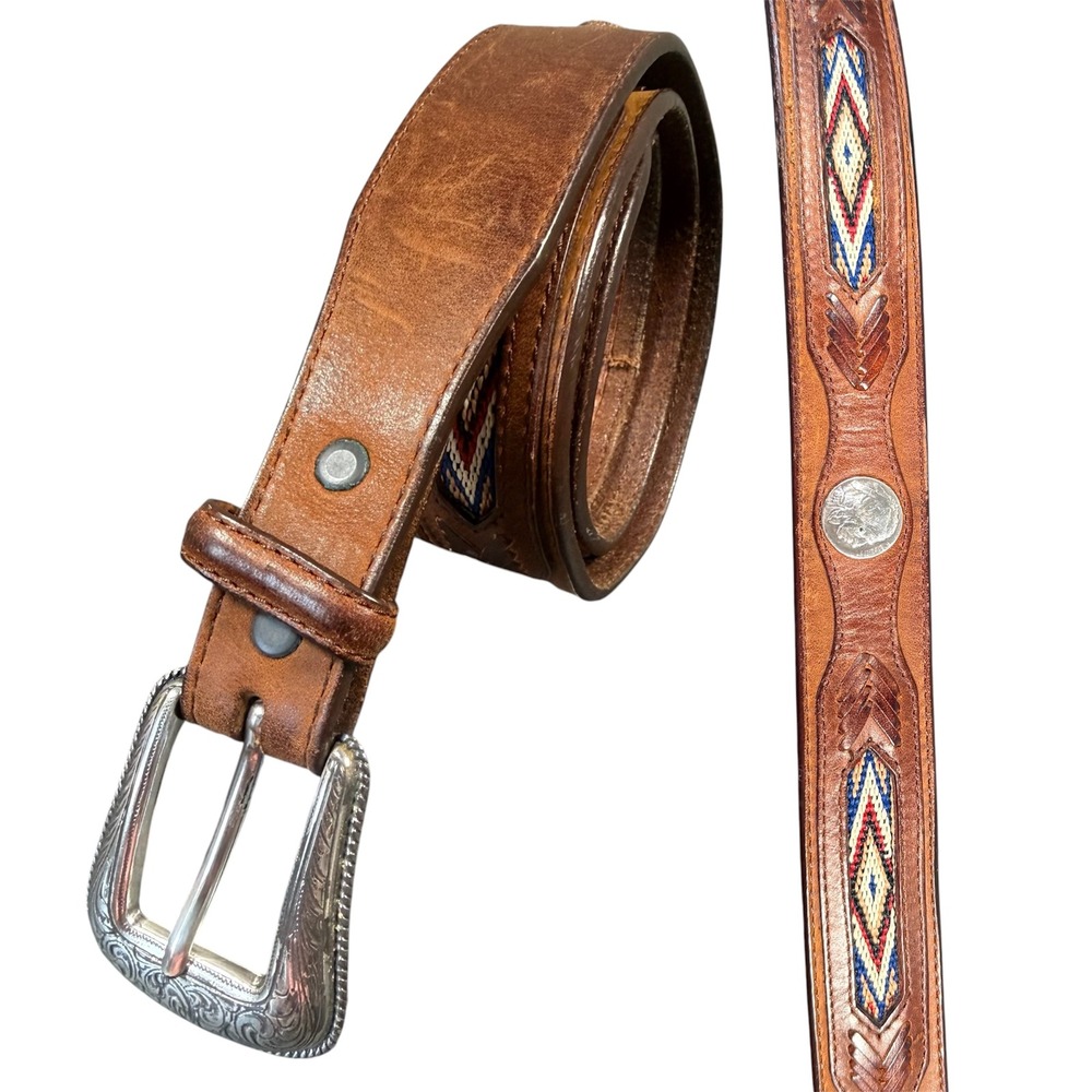 Orvis Buffalo Nickel Woven Inlay Leather Belt Mens 32 Brown Western Cowboy Boho